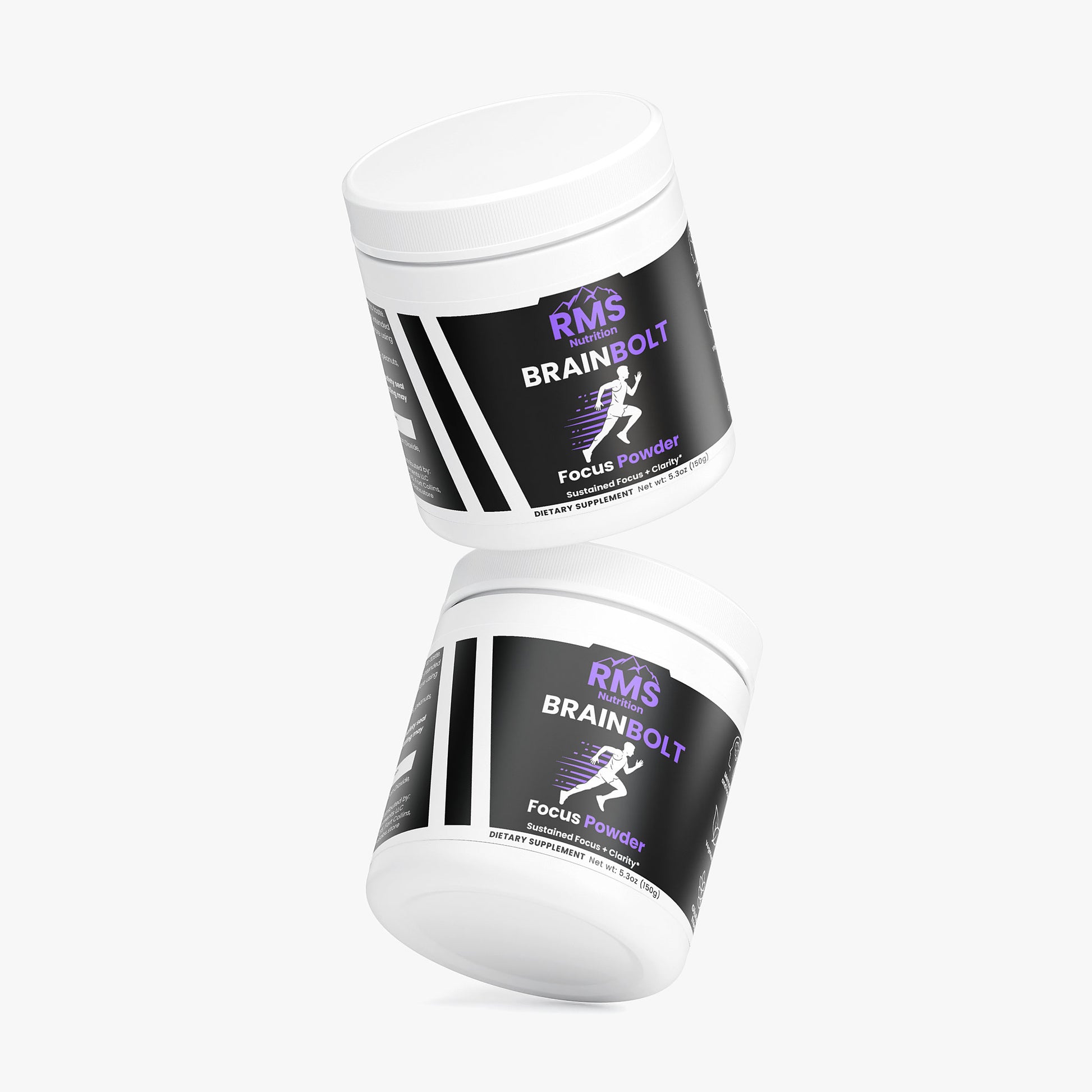 Two containers of BrainBolt Focus Powder showing front and top angles