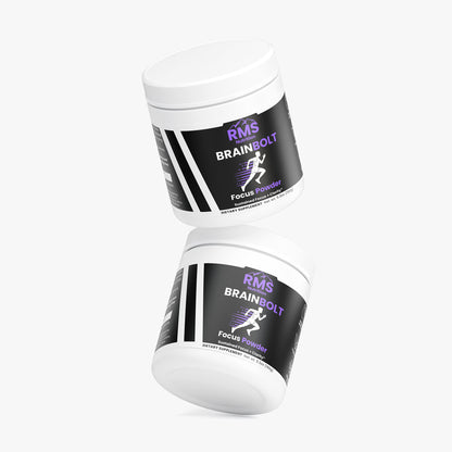 Two containers of BrainBolt Focus Powder showing front and top angles