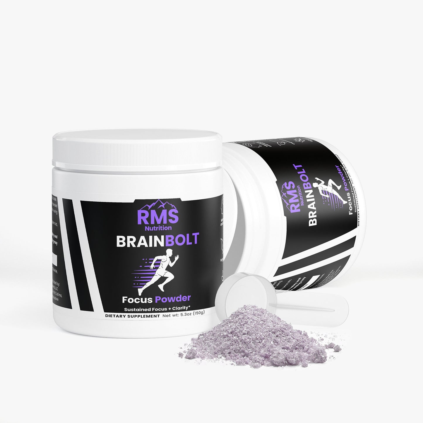 BrainBolt Focus Powder container with scoop showing purple powder blend