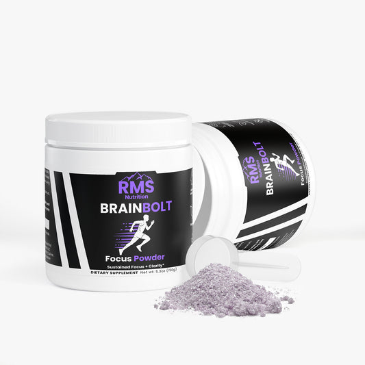 BrainBolt Focus Powder container with scoop by RMS Nutrition - pre-race nootropic for sprinters