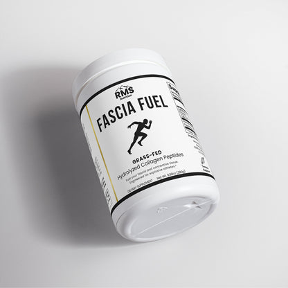 Fascia Fuel collagen peptides container angle view by RMS Nutrition - grass-fed hydrolyzed collagen for explosive athletes
