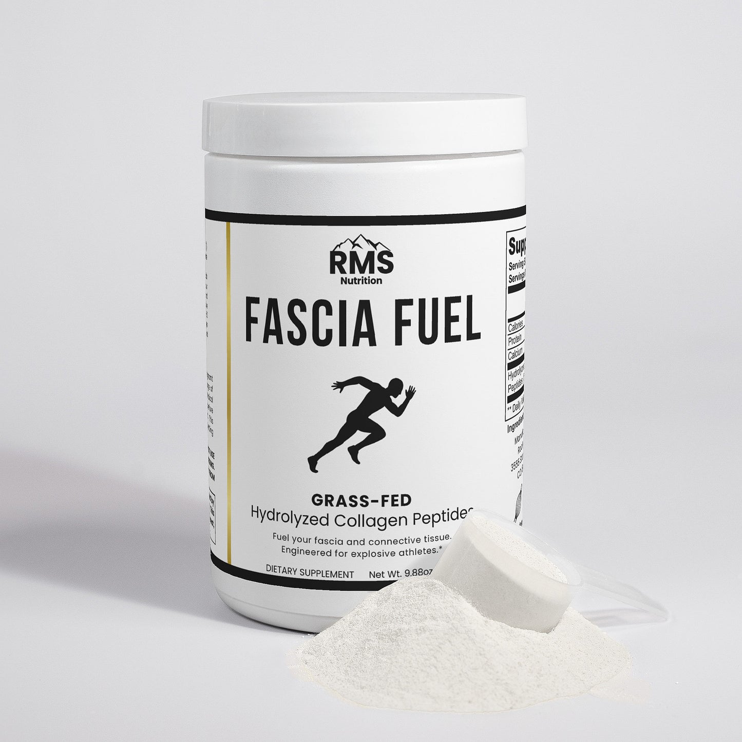 Fascia Fuel container with collagen peptides powder and scoop by RMS Nutrition - grass-fed hydrolyzed collagen for track athletes