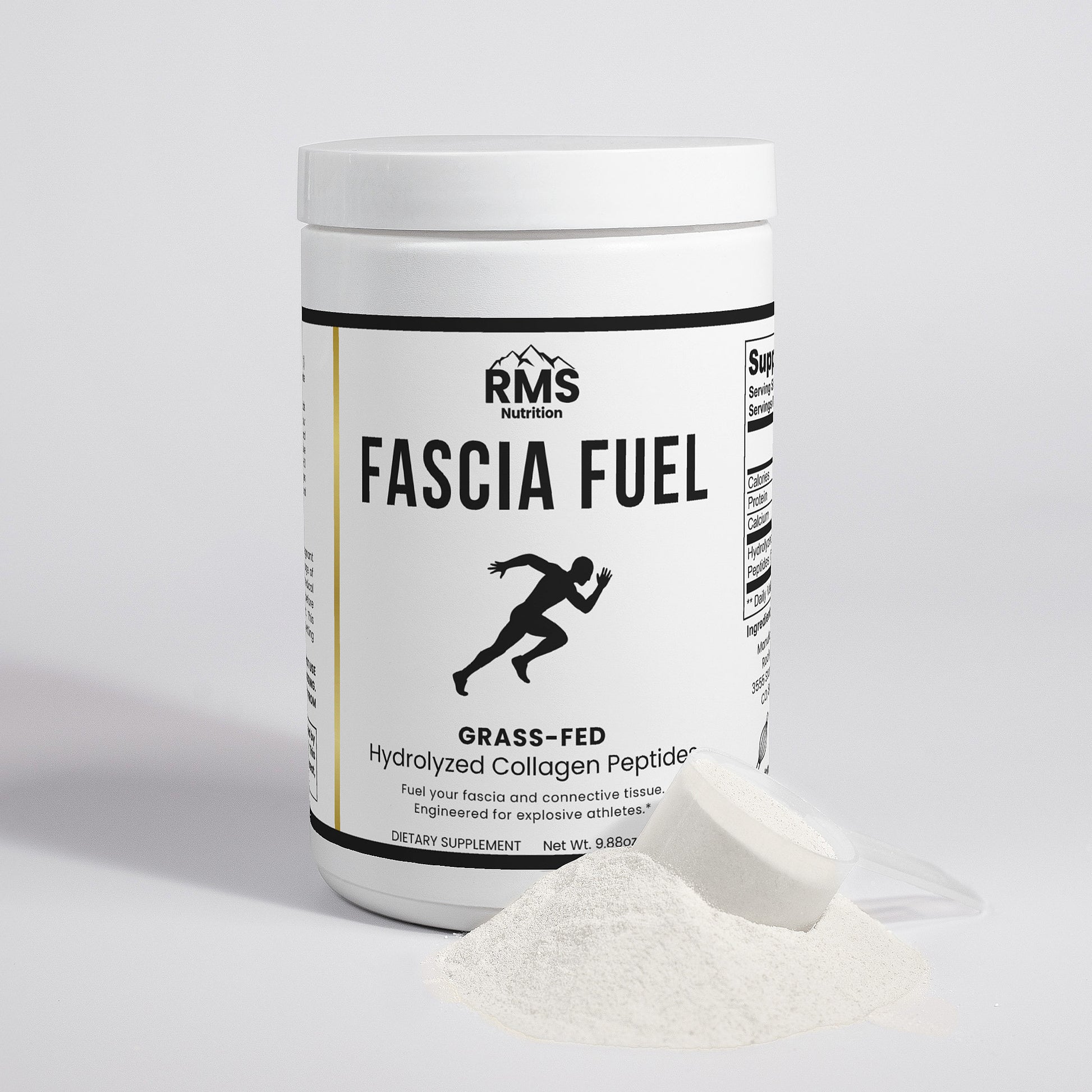 Fascia Fuel container with collagen peptides powder and scoop by RMS Nutrition - grass-fed hydrolyzed collagen for track athletes