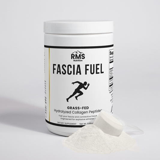 Fascia Fuel container with collagen peptides powder and scoop by RMS Nutrition - grass-fed hydrolyzed collagen for track athletes