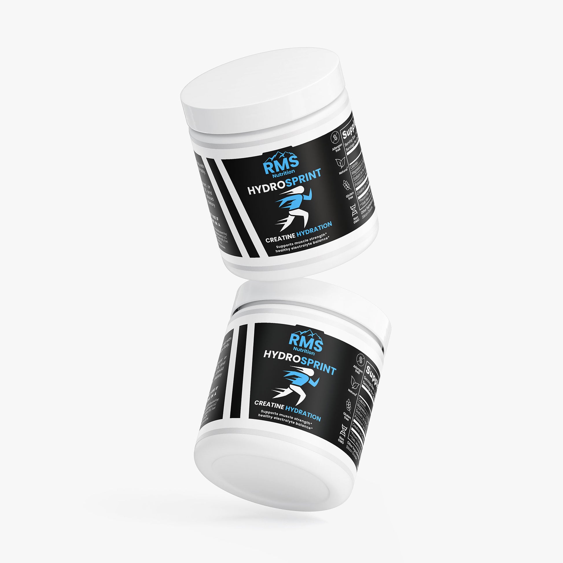 Two HydroSprint creatine hydration containers by RMS Nutrition - electrolyte powder supplement for track athletes