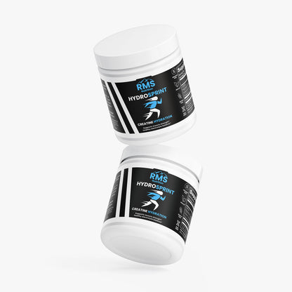 Two HydroSprint creatine hydration containers by RMS Nutrition - electrolyte powder supplement for track athletes