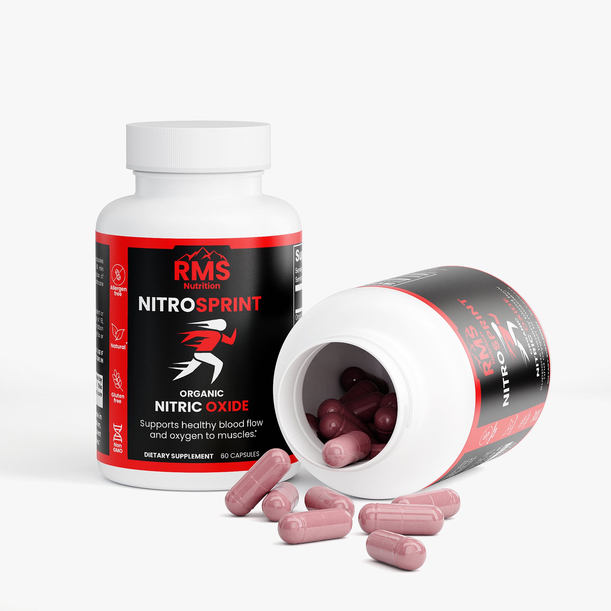 NitroSprint bottle with beetroot capsules spilling out showing 60 capsule count