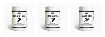 Fascia Fuel collagen peptides 3-pack display by RMS Nutrition - 90 servings of grass-fed hydrolyzed collagen for sprinters