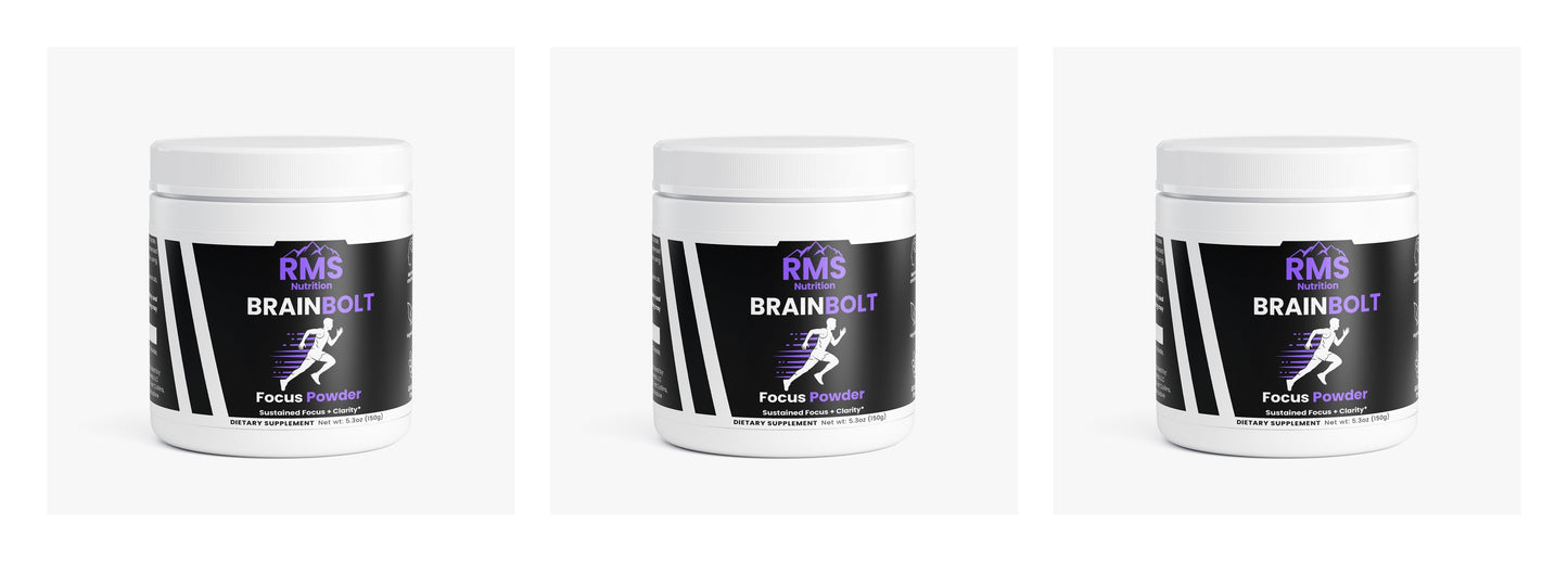 BrainBolt Focus Powder 3-pack by RMS Nutrition - nootropic supplement containers for sustained focus and mental clarity