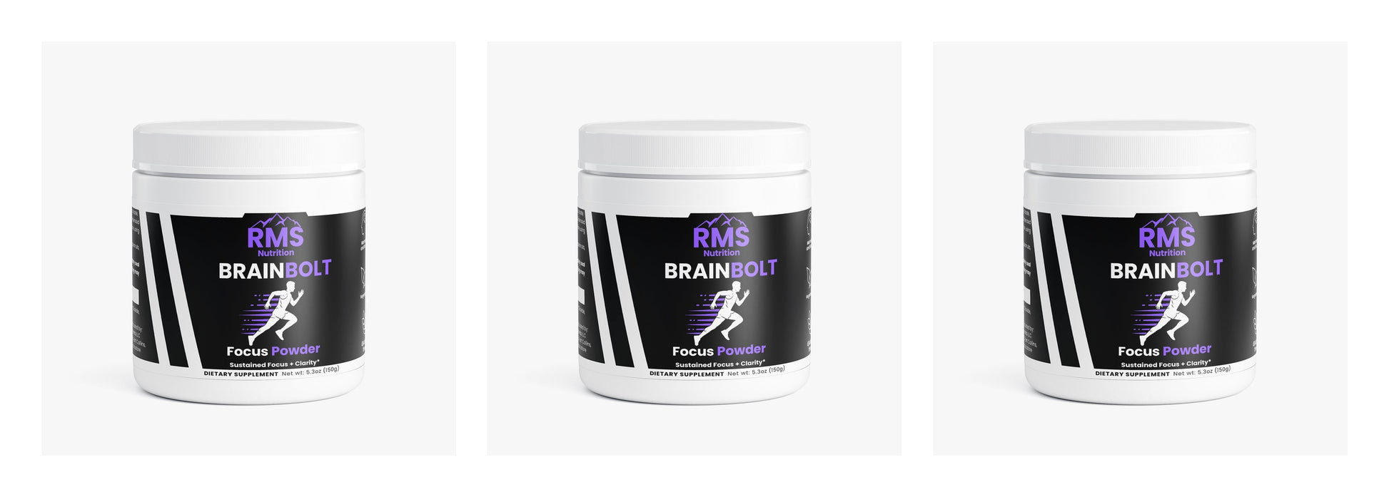 BrainBolt Focus Powder 3-pack by RMS Nutrition - nootropic supplement containers for sustained focus and mental clarity