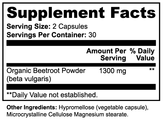 NitroSprint supplement facts label showing 1300mg organic beetroot powder per serving