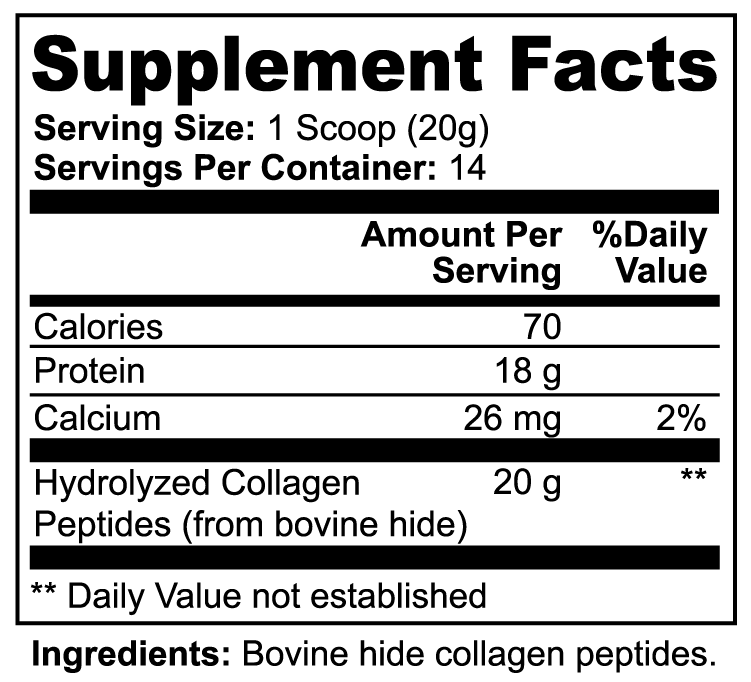 Fascia Fuel supplement facts label showing 20g hydrolyzed collagen peptides per serving